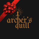 The Archer's Quill romantasy book club gift, logo with a red holiday bow