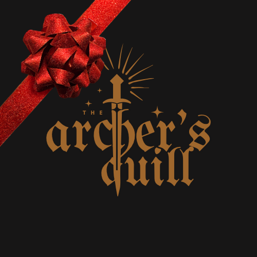 The Archer's Quill romantasy book club gift, logo with a red holiday bow