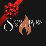 Slow Burn Society contemporary book club gift, logo with a red holiday bow