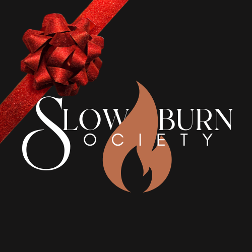 Slow Burn Society contemporary book club gift, logo with a red holiday bow